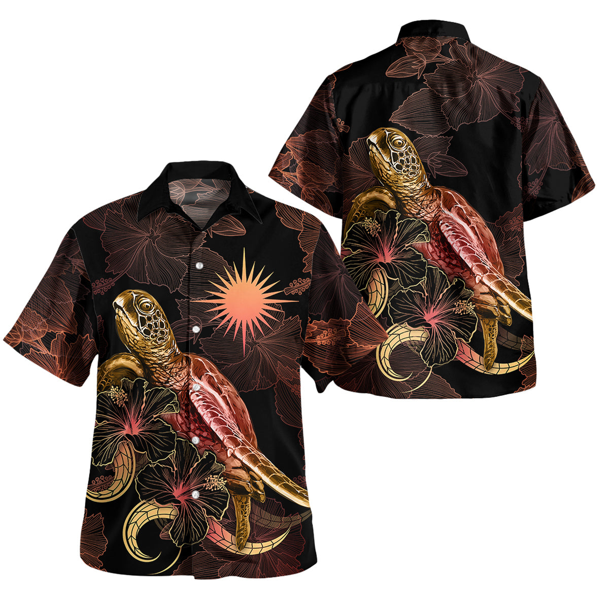 Marshall Islands Short Sleeve Shirt - Custom Marshall Islands Pride With Polynesian Turtle Blooming Hibiscus Gold Unisex Gold - Polynesian Pride