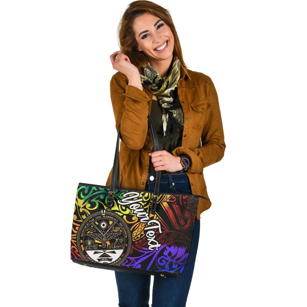 Marshall Islands Custom Personalised Leather Tote Bag - Rainbow Polynesian Pattern Crest - Polynesian Pride