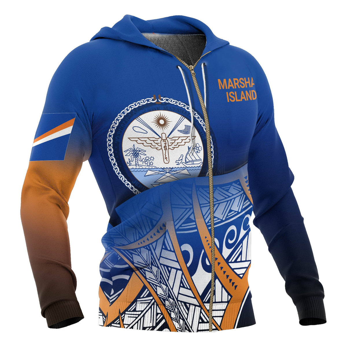 Marshall Islands Coat of Arms Zip up Hoodie Polynesian Pattern - Polynesian Pride