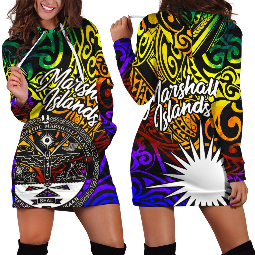 Marshall Islands Women Hoodie Dress - Rainbow Polynesian Pattern Crest Rainbow - Polynesian Pride