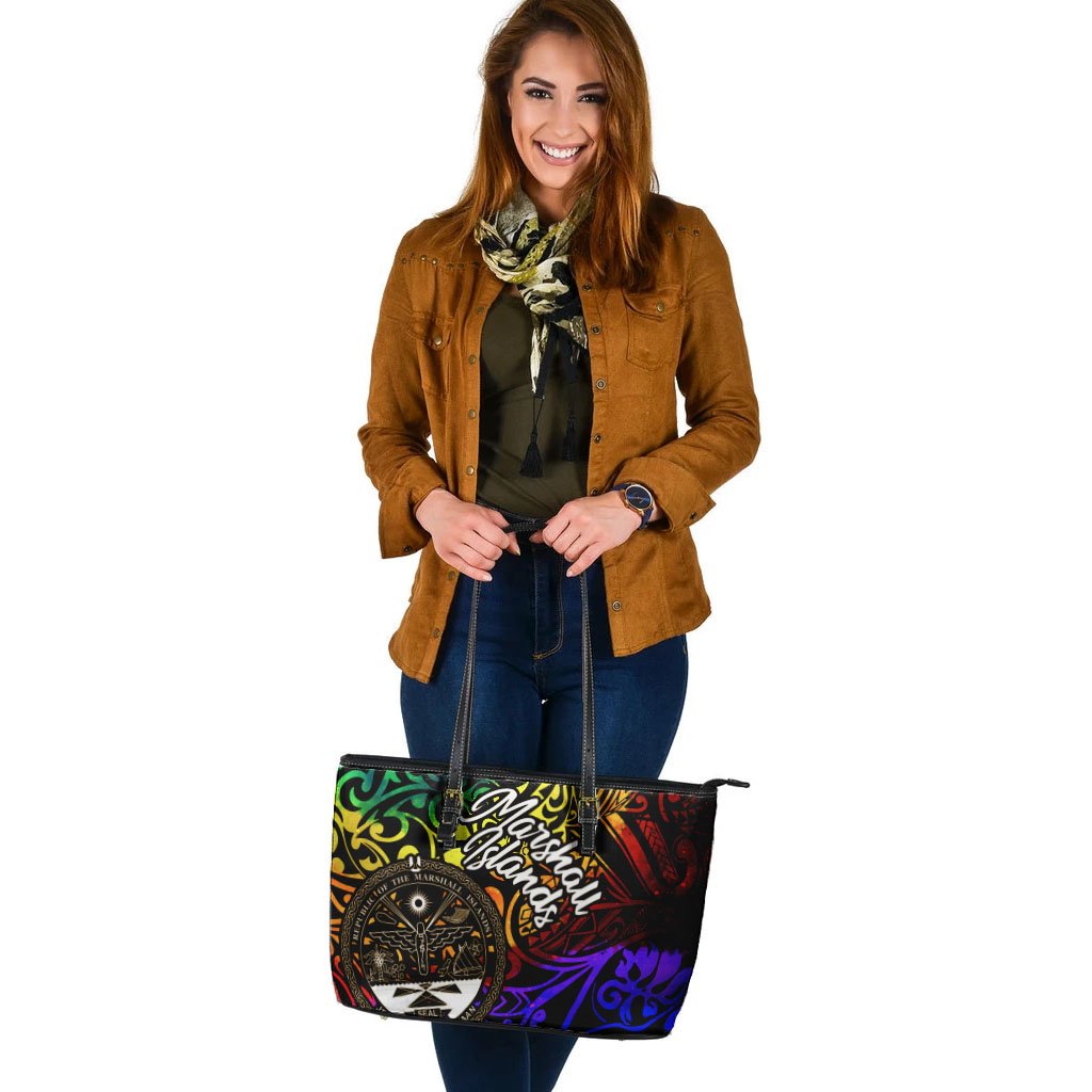 Marshall Islands Large Leather Tote Bag - Rainbow Polynesian Pattern Crest - Polynesian Pride