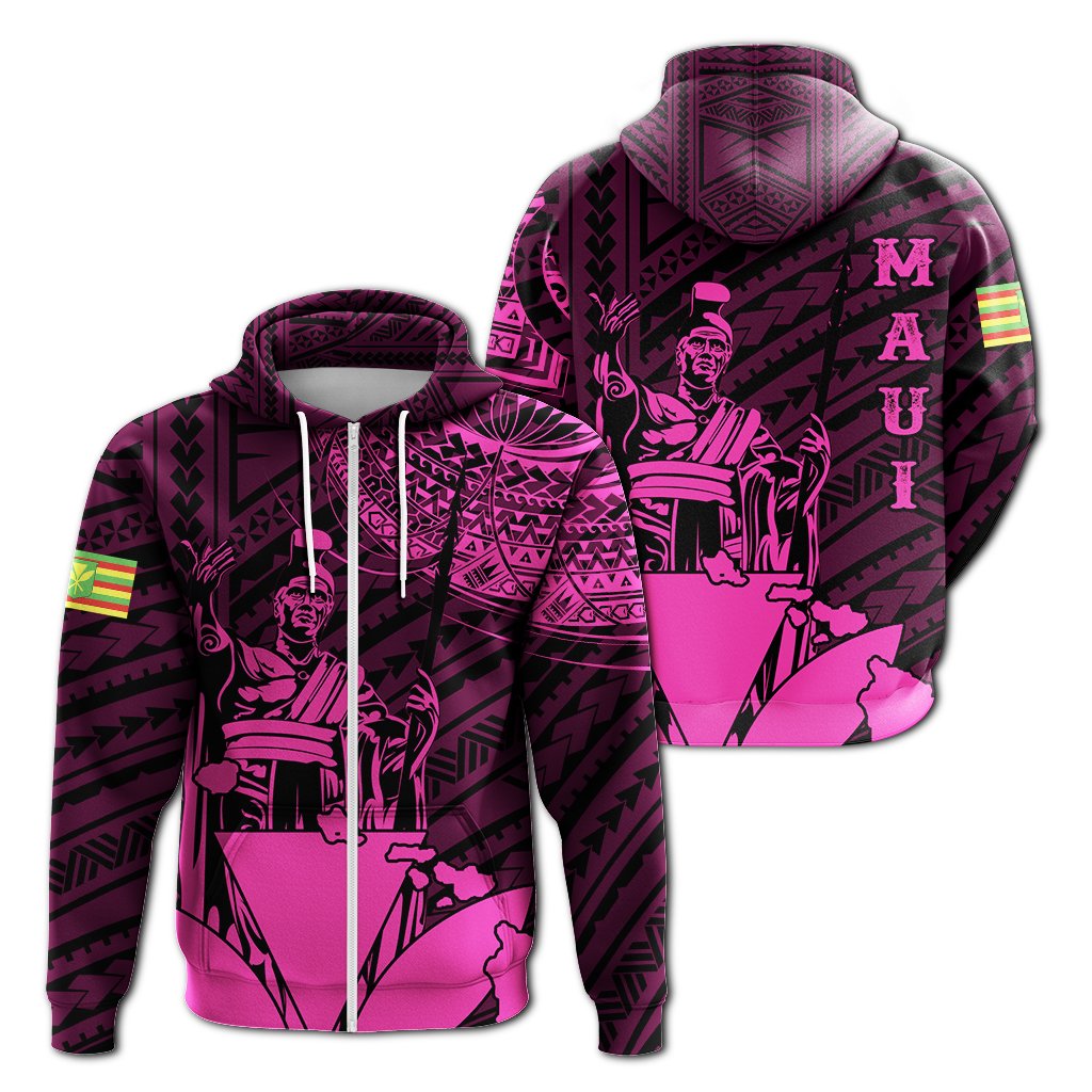 Hawaiian King Kanaka Map Polynesian Maui Hoodie Zip Pink Hala Style Unisex Pink - Polynesian Pride