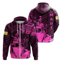 Hawaiian King Kanaka Map Polynesian Maui Hoodie Zip Pink Hala Style Unisex Pink - Polynesian Pride