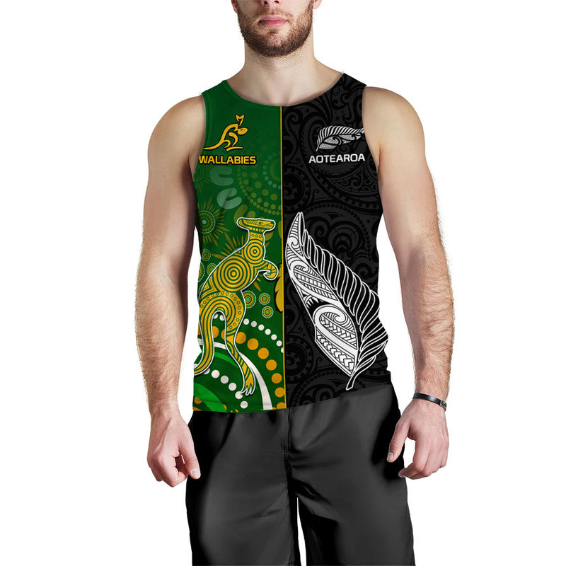 (Custom Personalised) Aotearoa Rugby All Black Combine Australia Wallabies Men Tank Top Aboriginal Kangaroo And Maori Fern LT9 Black - Polynesian Pride