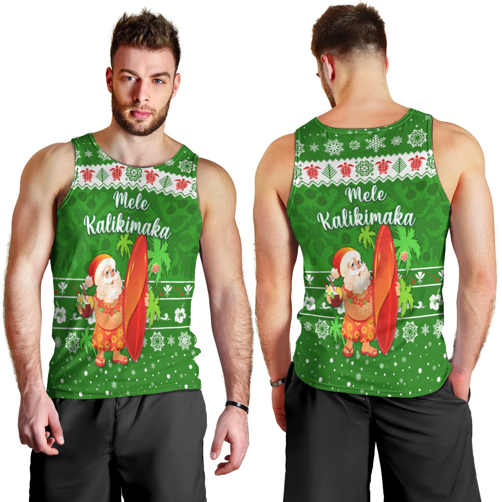 Hawaii Christmas Men Tank Top Santa Claus Surfing Simple Style - Green LT8 - Polynesian Pride