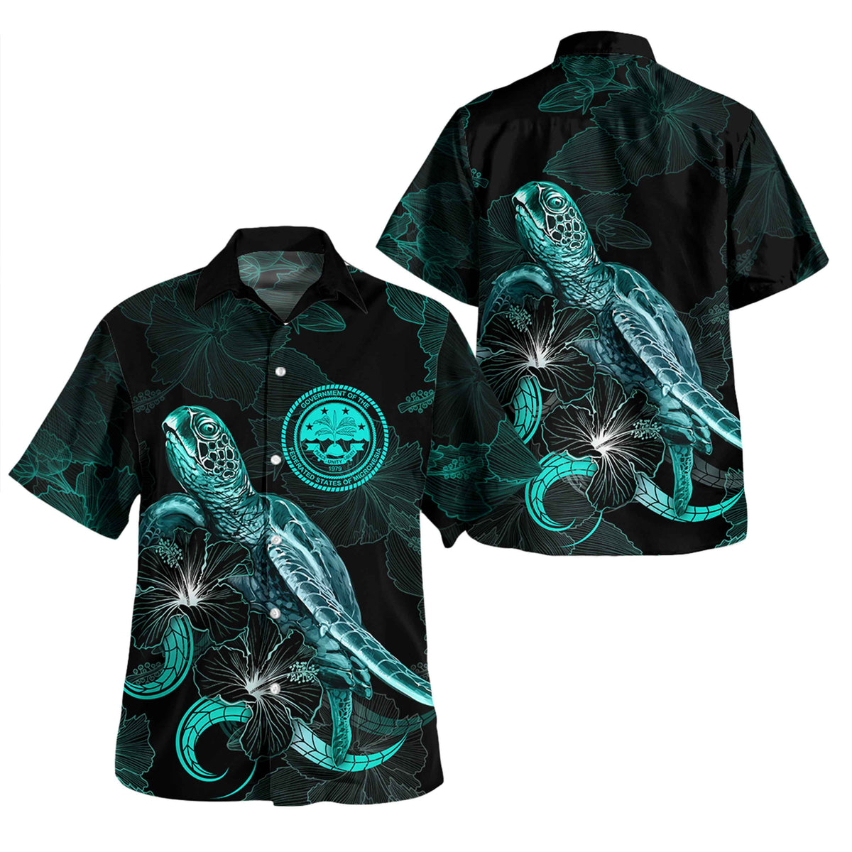 Federated States Of Micronesia Short Sleeve Shirt - Custom FSM Coat Of Arms With Turtle Blooming Hibiscus Turquoise Unisex Turquoise - Polynesian Pride
