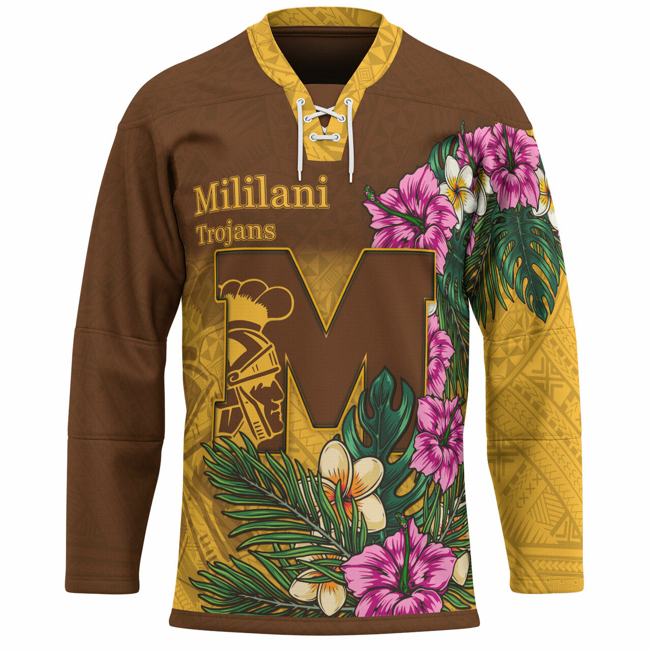 Hawaii Custom Personalised Hockey Jersey - Mililani Trojan High School Hawaiian Tropical Flowers Hockey Jersey LT10 Unisex Brown - Polynesian Pride