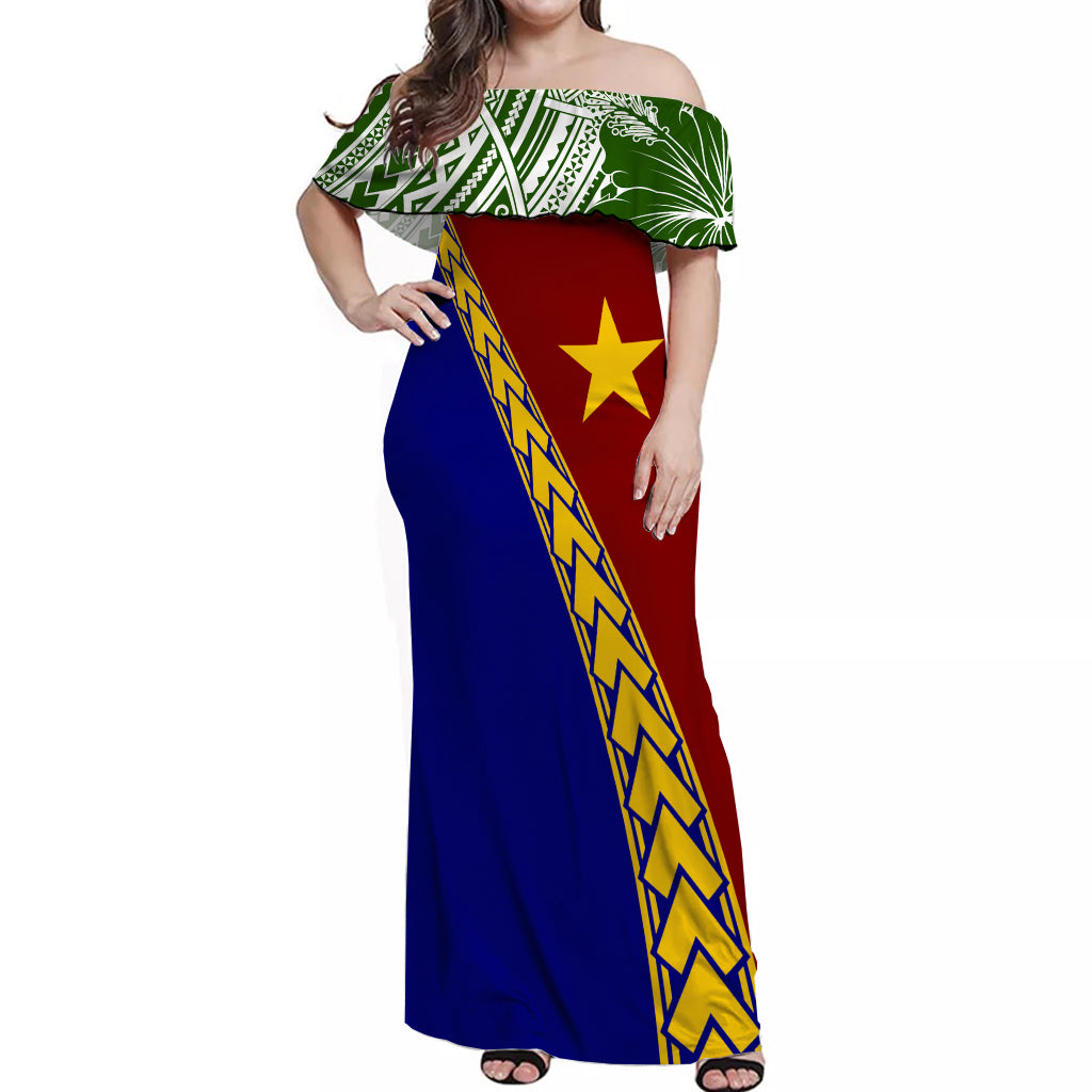 PNG Hibiscus Tribal Pattern Off Shoulder Long Dress - Milne Bay Province LT7 Long Dress Art - Polynesian Pride