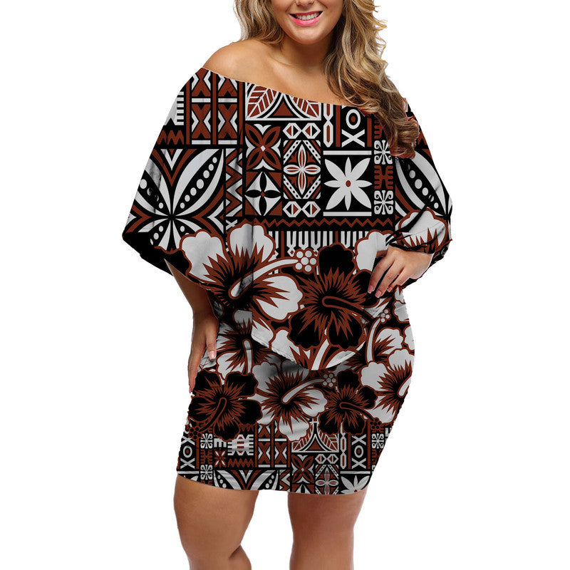 Fiji Hibiscus Festival Off Shoulder Short Dress Brown LT6 Women Brown - Polynesian Pride