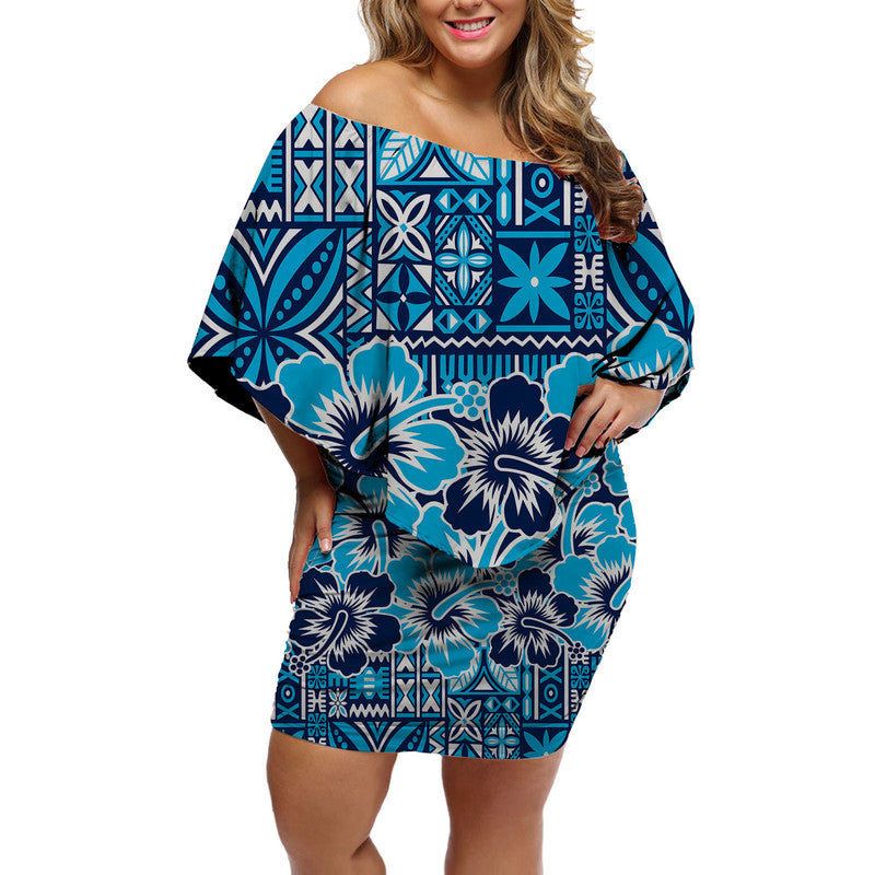 Fiji Hibiscus Festival Off Shoulder Short Dress Blue LT6 Women Blue - Polynesian Pride