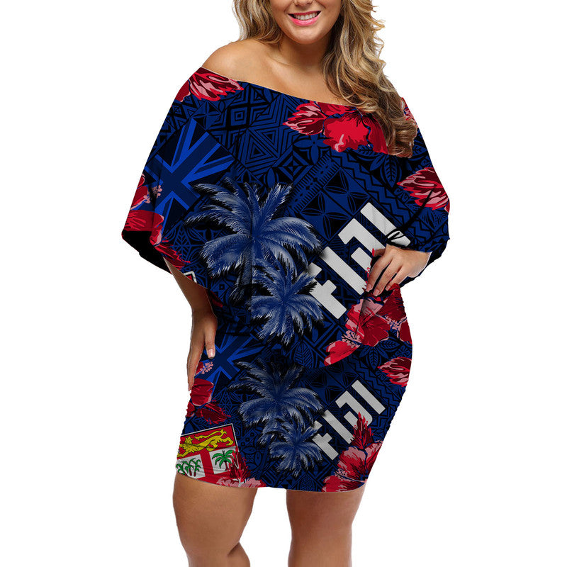 Fiji Hibiscus Off Shoulder Short Dress Hawaii Style No.2 LT6 Women Blue - Polynesian Pride