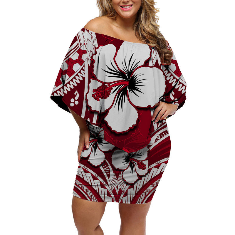 Hibiscus Off Shoulder Short Dress Fiji Patterns Red LT6 Women Red - Polynesian Pride