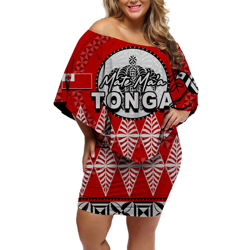 Mate Ma'a Tonga Ngatu Fonu Rugby Off Shoulder Short Dress LT6 Women Red - Polynesian Pride