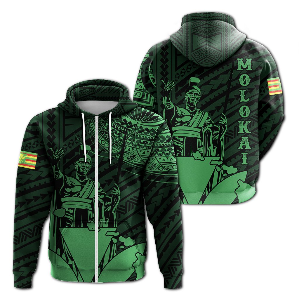 Hawaiian King Kanaka Map Polynesian Molokai Hoodie Zip Green Hala Style Unisex Green - Polynesian Pride