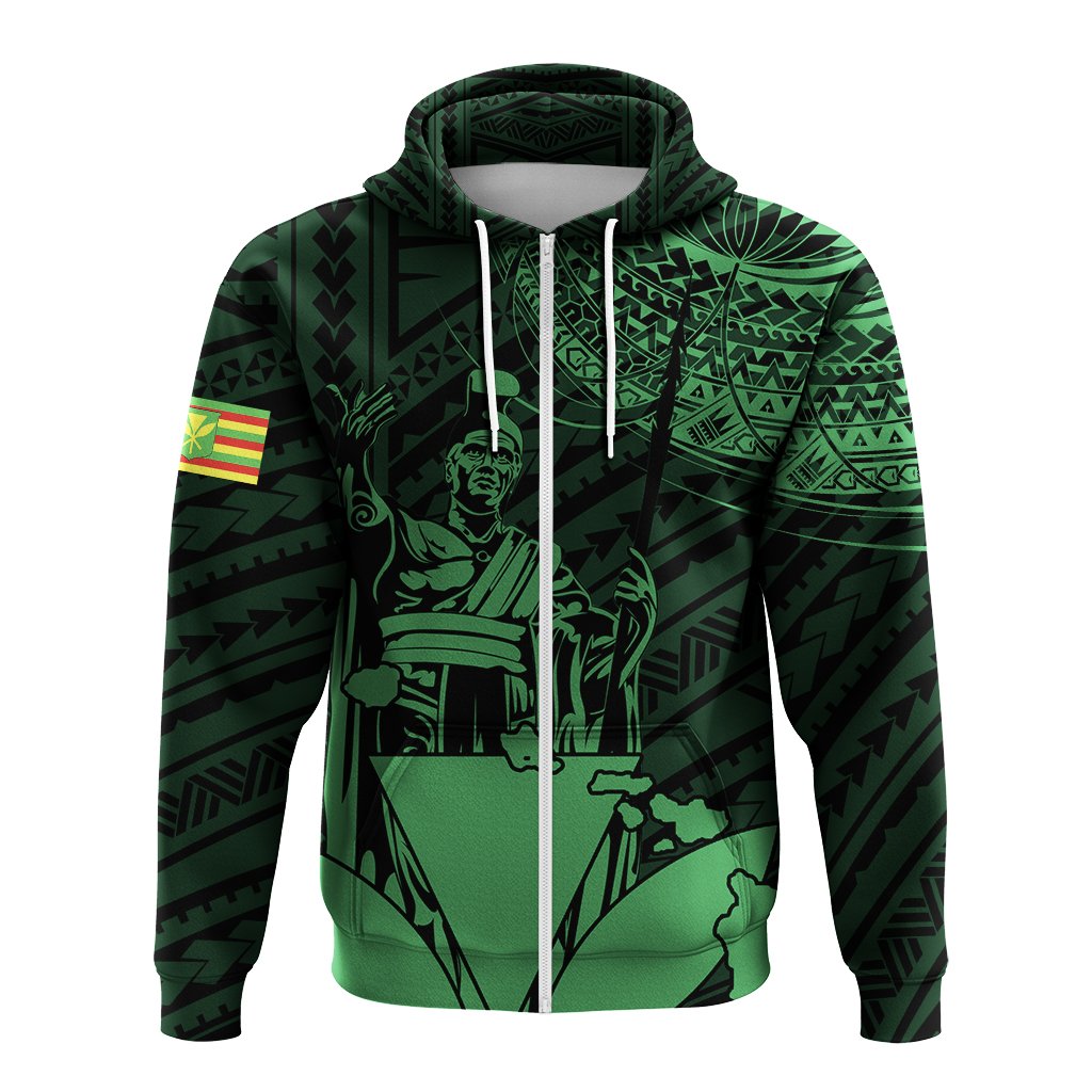 Hawaiian King Kanaka Map Polynesian Molokai Hoodie Zip Green Hala Style - Polynesian Pride