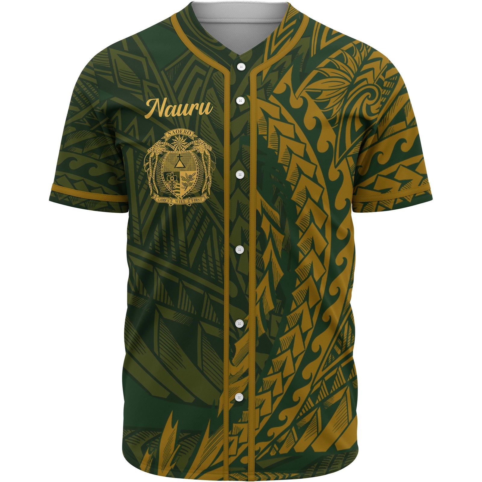 Nauru Baseball Shirt - Green Wings Style Unisex Gold - Polynesian Pride
