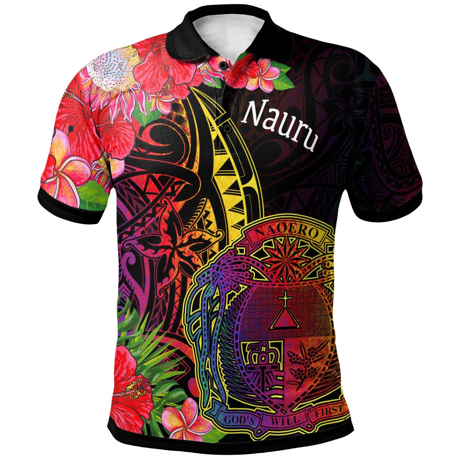 Nauru Polo Shirt Tropical Hippie Style Unisex Black - Polynesian Pride