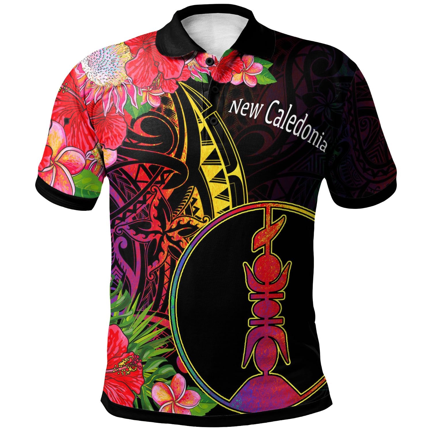 New Caledonia Polo Shirt Tropical Hippie Style Unisex Black - Polynesian Pride