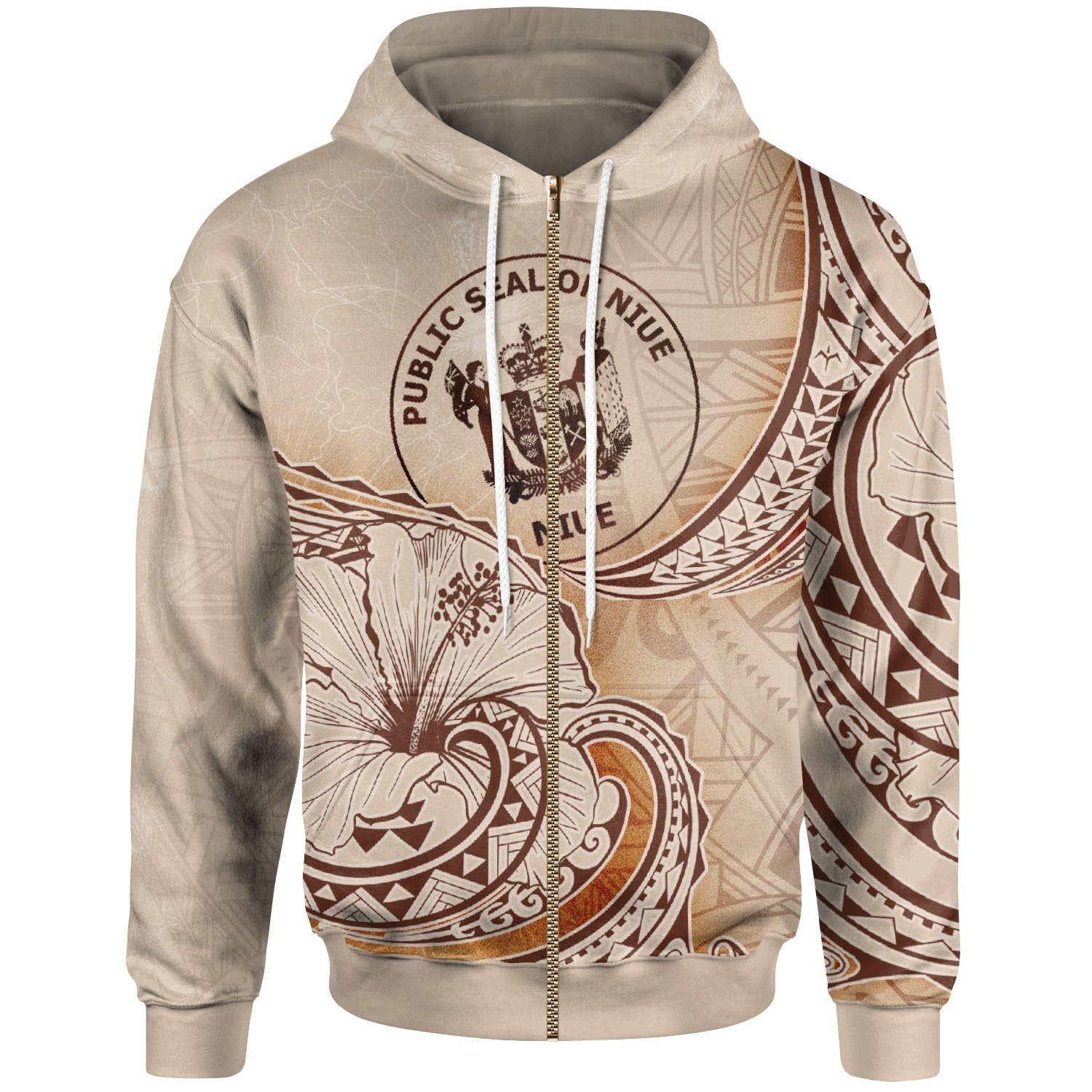 Niue Zip Hoodie Hibiscus Flowers Vintage Style Unisex Nude - Polynesian Pride