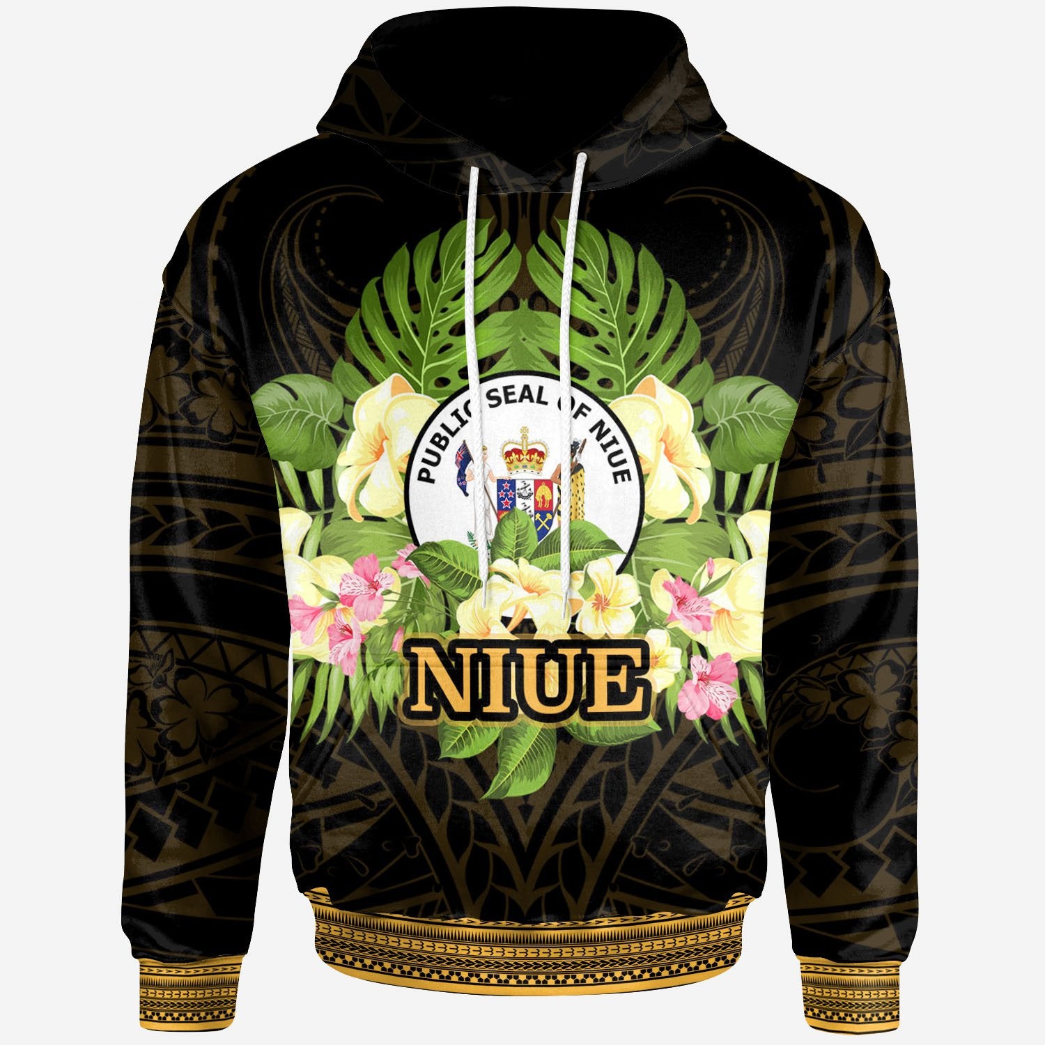 Niue Hoodie Polynesian Gold Patterns Collection Unisex Black - Polynesian Pride