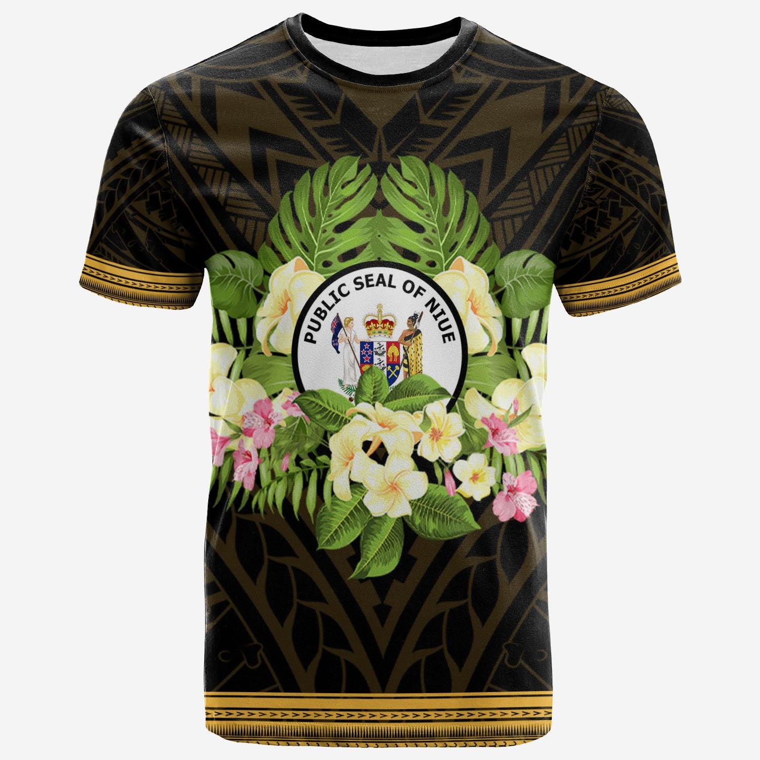 Niue T Shirt Polynesian Gold Patterns Collection Unisex Black - Polynesian Pride