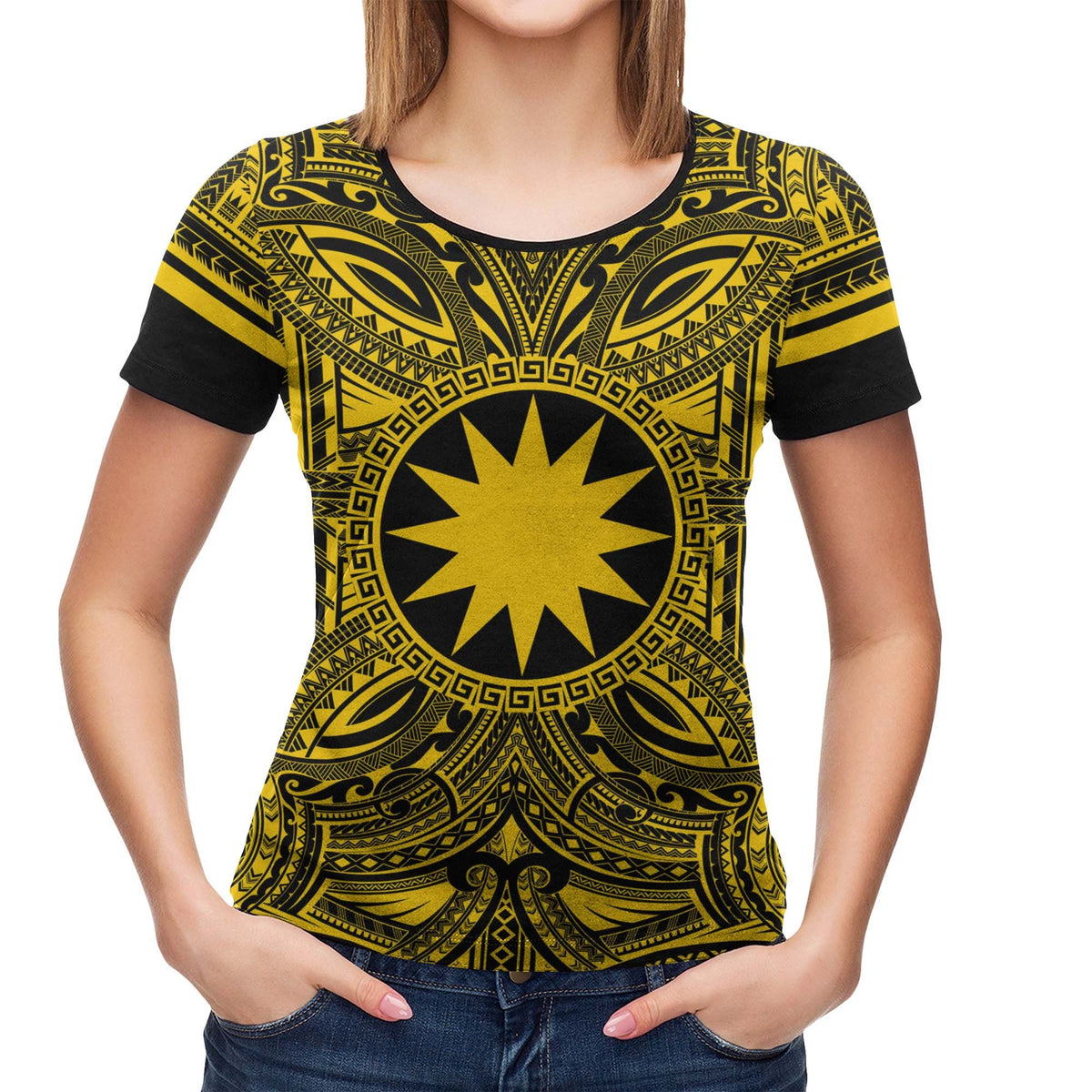 Nauru All T Shirt Nauru Coat Of Arms Polynesian Gold Black - Polynesian Pride