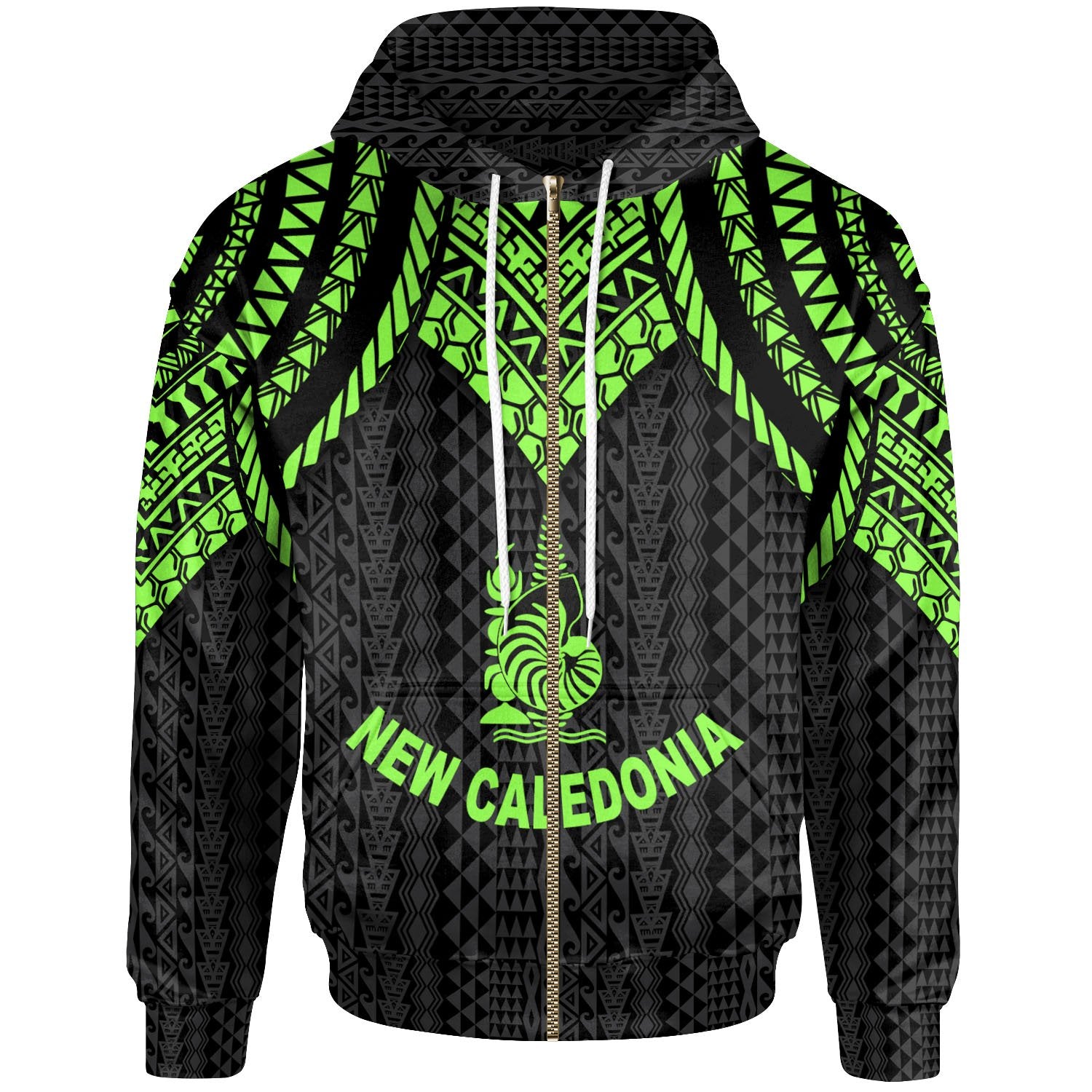 New Caledonia Zip up Hoodie Polynesian Armor Style Green Unisex Green - Polynesian Pride