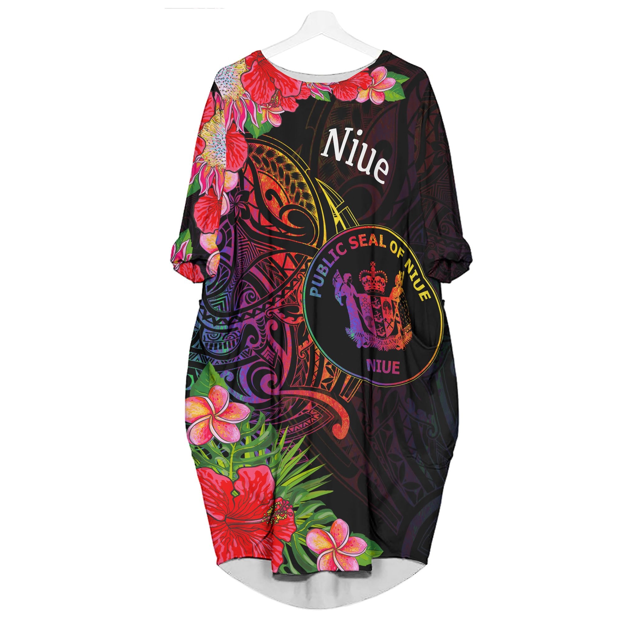 Niue Batwing Pocket Dress - Tropical Hippie Style Women Black - Polynesian Pride