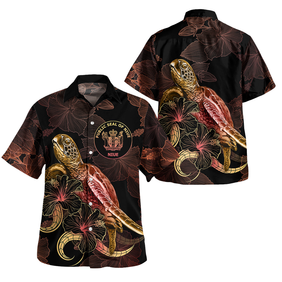 Niue Short Sleeve Shirt - Custom Niue Pride With Polynesian Turtle Blooming Hibiscus Gold Unisex Gold - Polynesian Pride
