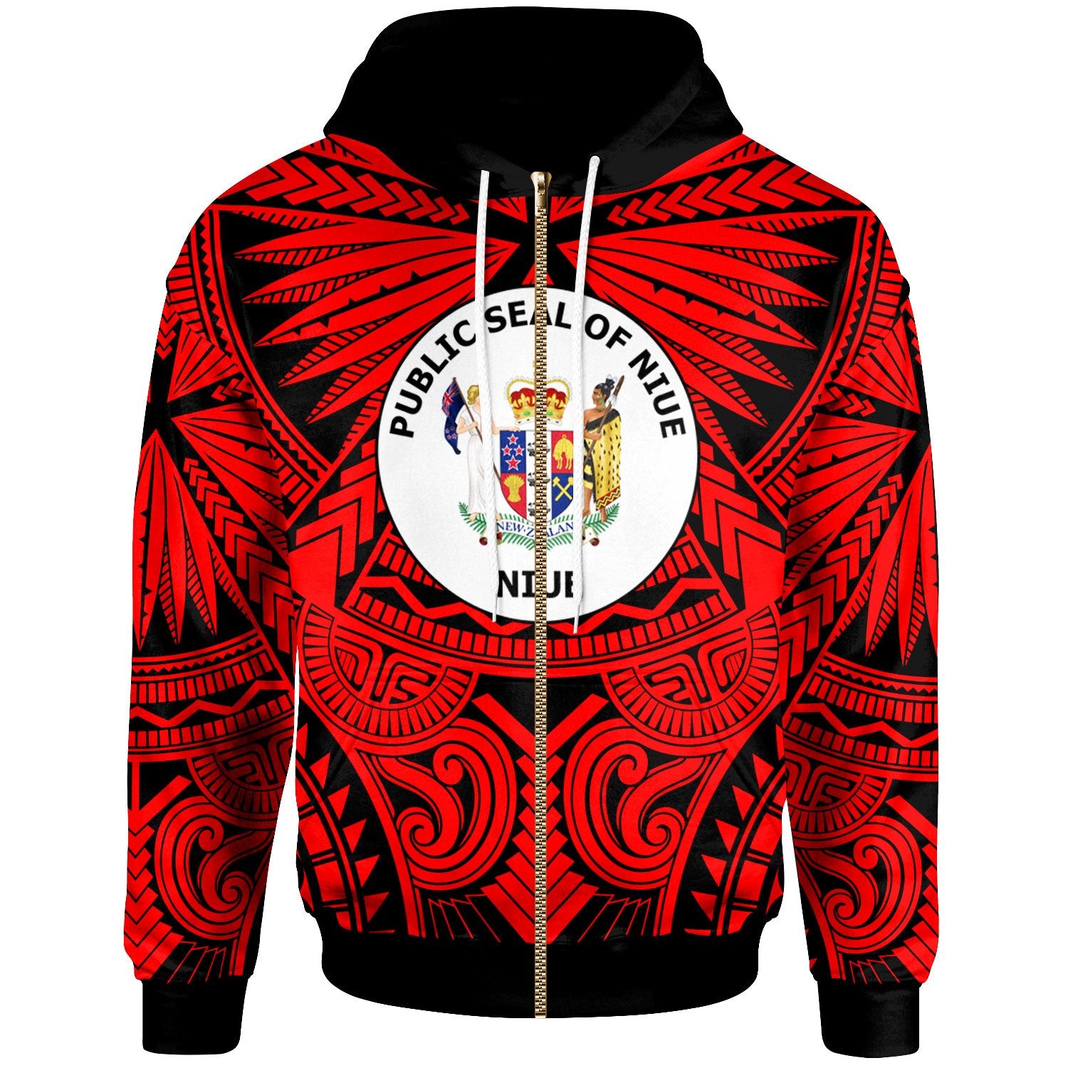 Niue Zip Hoodie Classic Vignette Style Unisex Red - Polynesian Pride