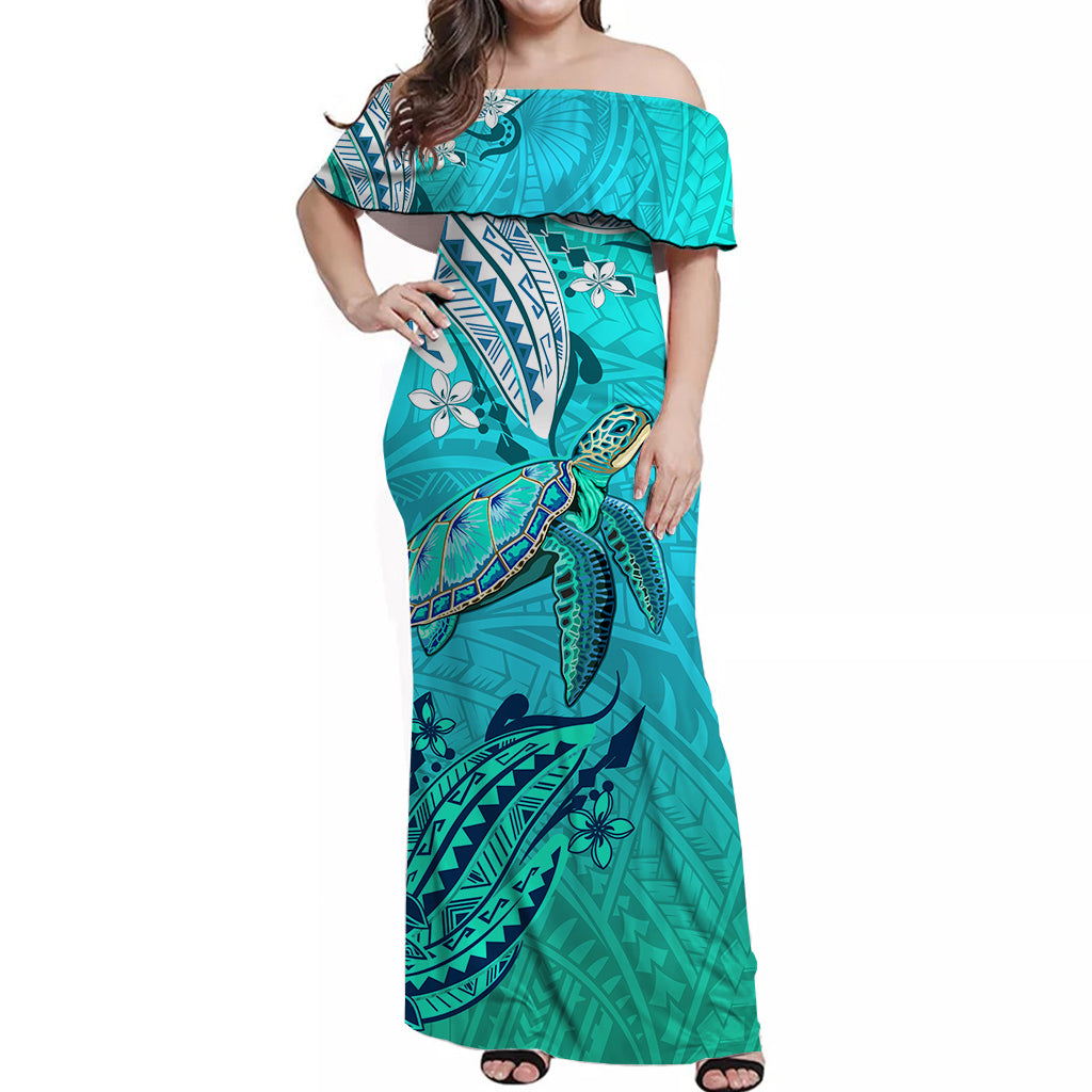 Hawaiian Islands Off Shoulder Long Dress Turtle Mix Hawaii Polynesian LT13 Long Dress Blue - Polynesian Pride