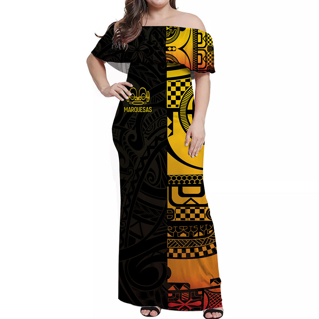 Marquesas Islands Tiki Off Shoulder Long Dress Gradient Marquesan Tattoo LT13 Long Dress Black - Polynesian Pride