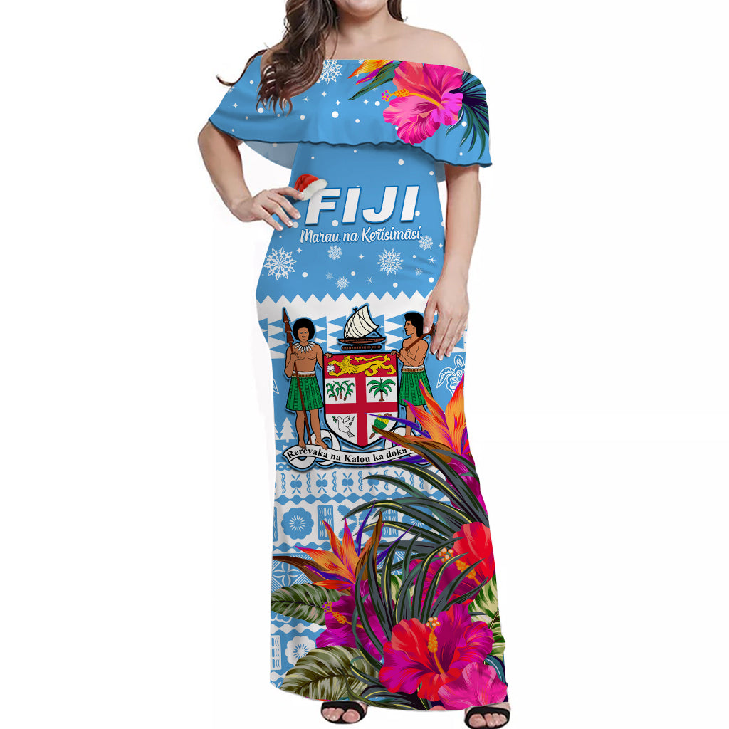 (Custom Personalised) Fiji Merry Christmas Off Shoulder Long Dress Tapa and Hibiscus LT13 Women Blue - Polynesian Pride