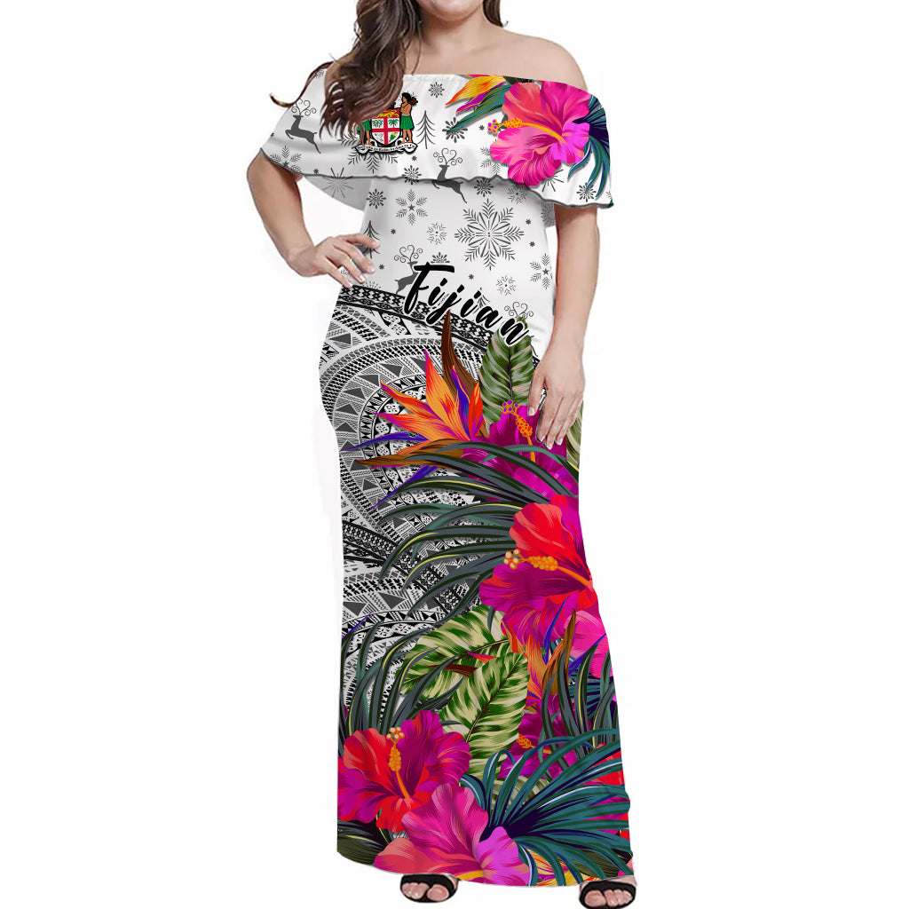 (Custom Personalised) Fiji Tapa Off Shoulder Long Dress Speical Fijian Masi Be Loved Hibiscus Merry Christmas LT13 Women White - Polynesian Pride