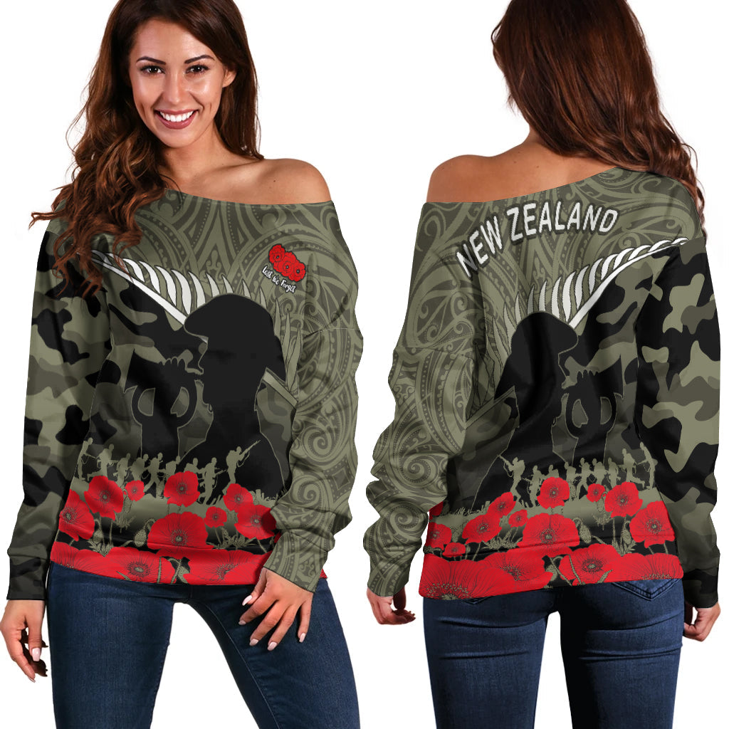 New Zealand ANZAC 2022 Off Shoulder Sweater Maori Camouflage LT14 Women Blue - Polynesian Pride