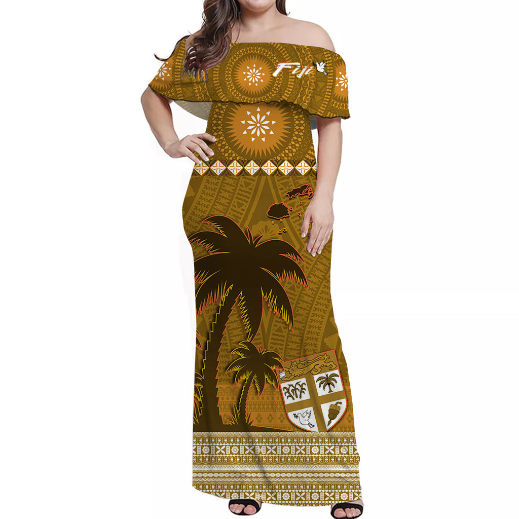 (Custom Personalised) Bula Fiji Off Shoulder Long Dress Fijian Tapa with Palm Tree Gold LT13 Women Gold - Polynesian Pride