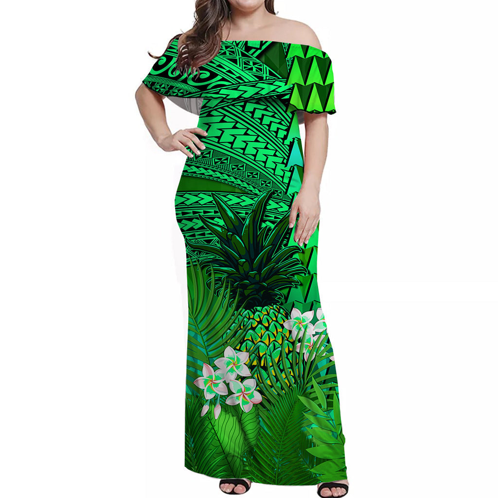 (Custom Personalised) Hawaii Pineapple Off Shoulder Long Dress Green Plumeria Frangipani Mix Tribal Pattern LT13 Women Green - Polynesian Pride