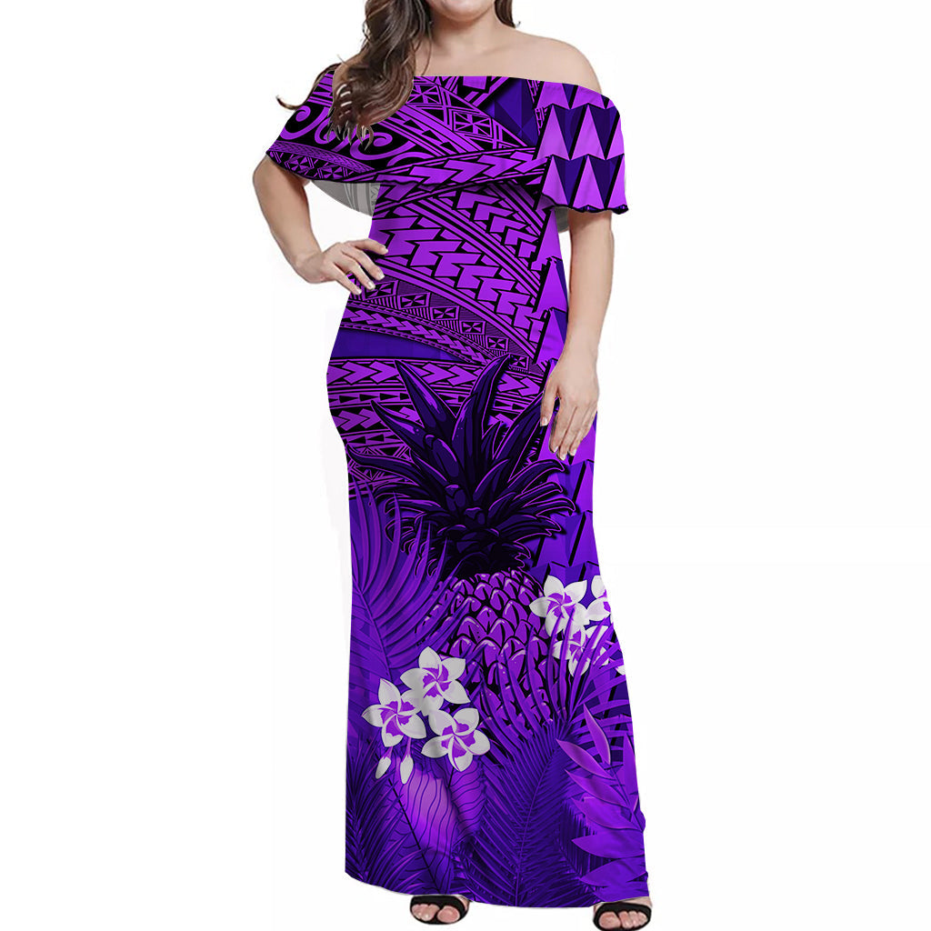 (Custom Personalised) Hawaii Pineapple Off Shoulder Long Dress Purple Plumeria Frangipani Mix Tribal Pattern LT13 Women Purple - Polynesian Pride