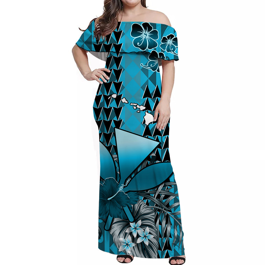 (Custom Personalised) Hawaii Flowers Off Shoulder Long Dress Turquoise Tribal Pattern Hawaiian LT13 Women Turquoise - Polynesian Pride