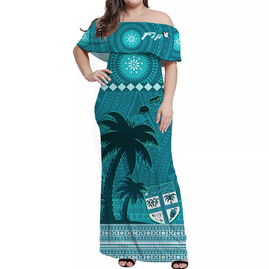 (Custom Personalised) Bula Fiji Off Shoulder Long Dress Fijian Tapa with Palm Tree Turquoise LT13 Women Turquoise - Polynesian Pride