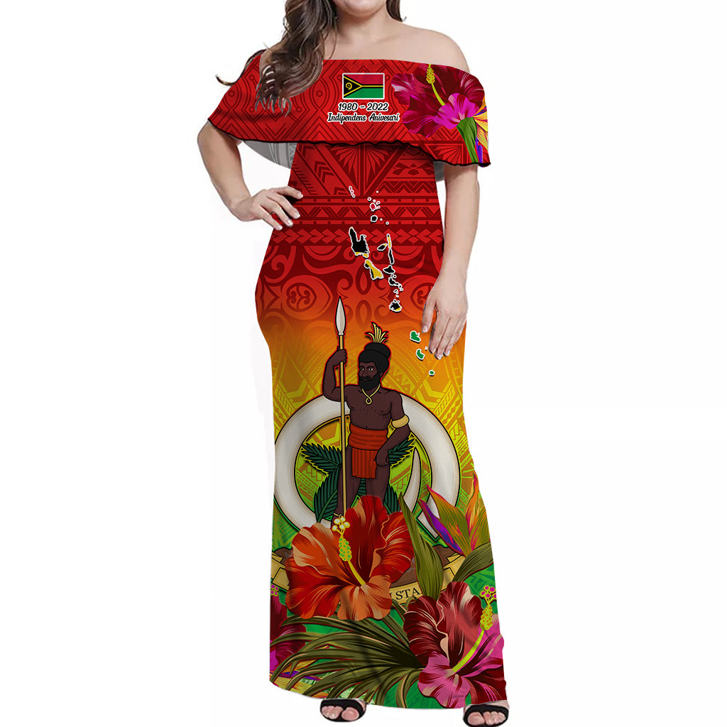 (Custom Personalised) Vanuatu Independence Day Off Shoulder Long Dress 42nd Anniversary Flowers LT13 Women Red - Polynesian Pride