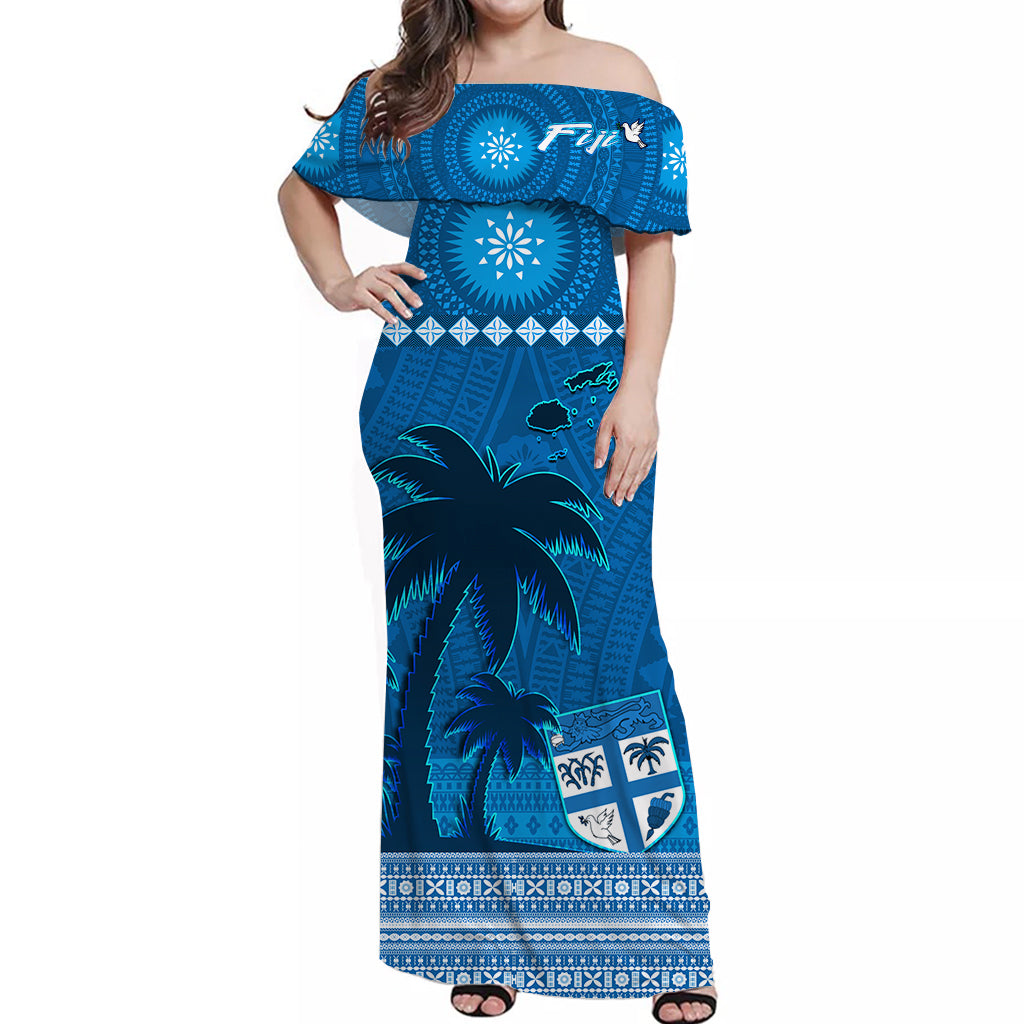 (Custom Personalised) Bula Fiji Off Shoulder Long Dress Fijian Tapa with Palm Tree LT13 Women Blue - Polynesian Pride