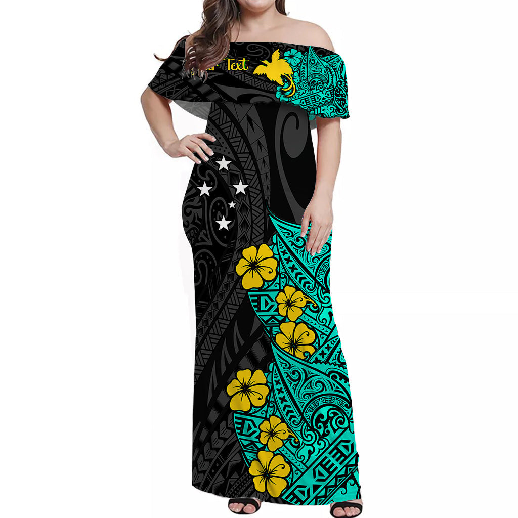 (Custom Personalised) Papua New Guinea Birds of Paradise Women Off Shoulder Long Dress Turquoise LT13 Women Turquoise - Polynesian Pride