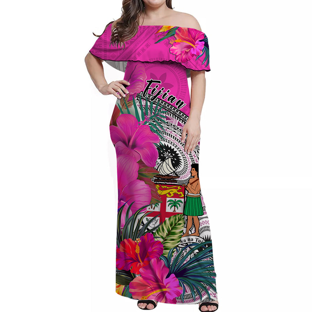 (Custom Personalised) Fiji Tapa Off Shoulder Long Dress Pink Fijian Masi Be Loved Hibiscus LT13 Women Pink - Polynesian Pride