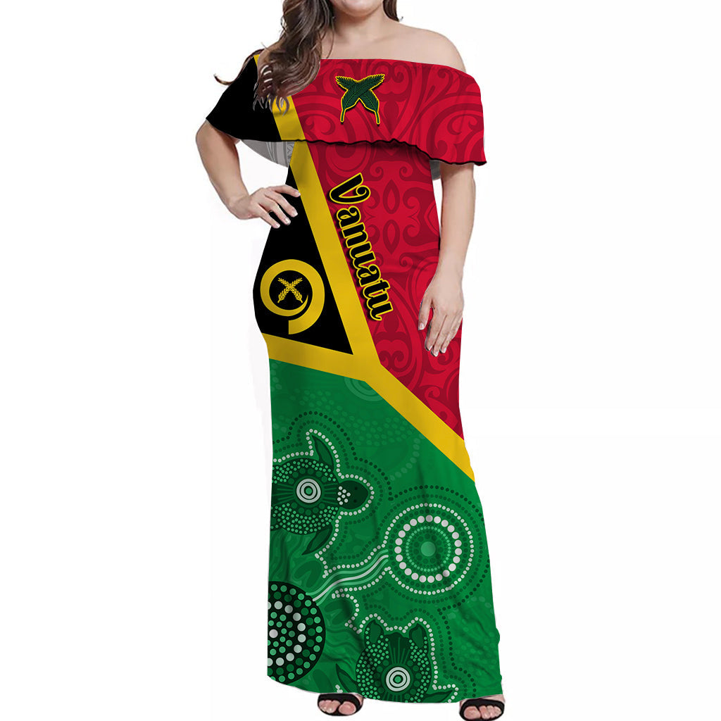 Vanuatu Off Shoulder Long Dress Aboriginal Turtle Mix Sand Drawing LT13 Women Red - Polynesian Pride