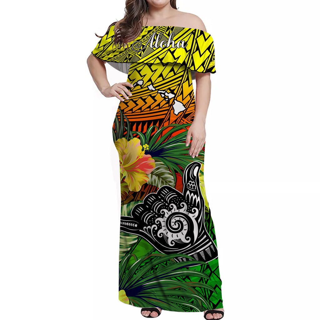 The Shaka Hawaii Off Shoulder Long Dress Tropical Flowers Reggae Version LT13 Women Reggae - Polynesian Pride