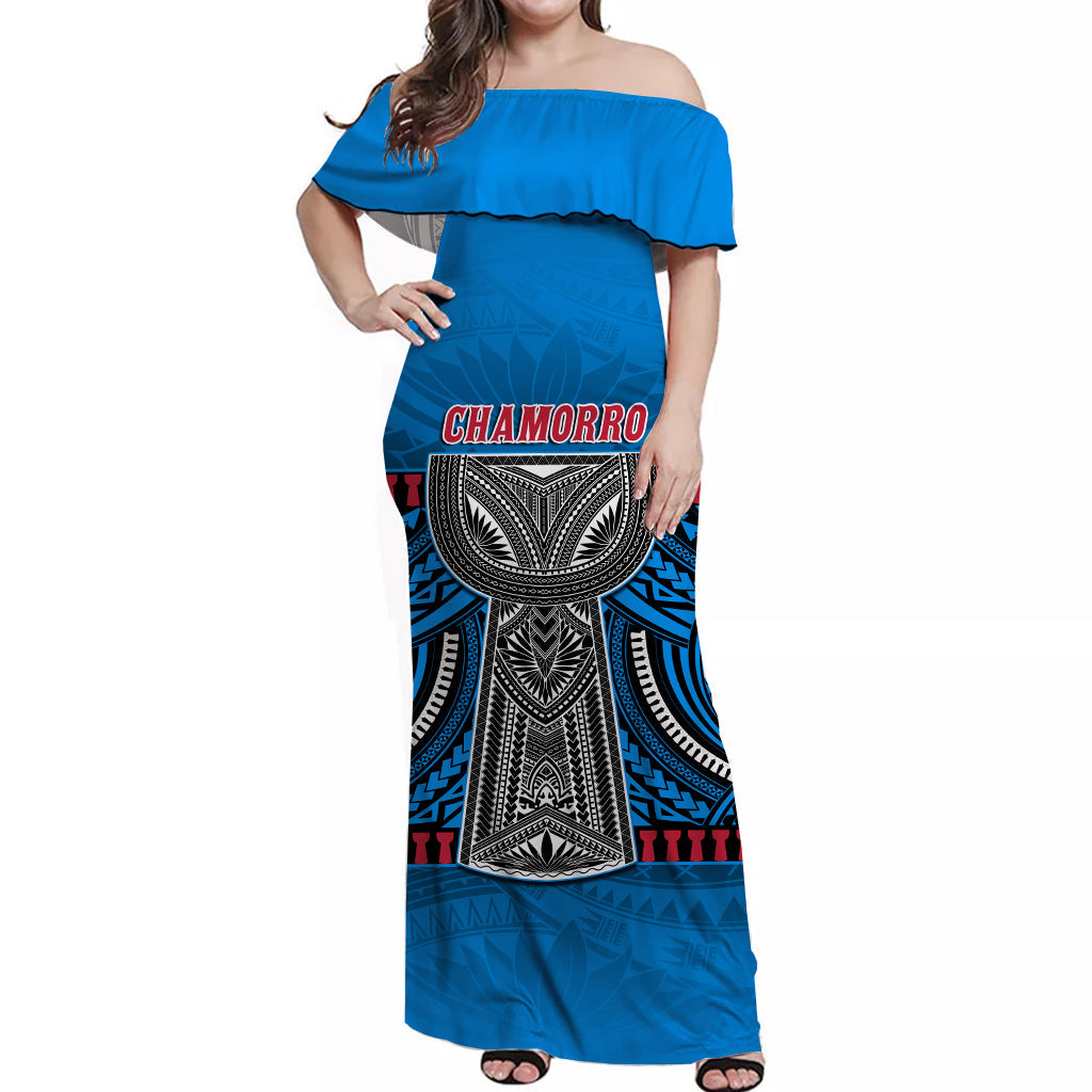 (Custom Personalised) Guam Chamorro Off Shoulder Long Dress Latte Stone Blue Polynesian Haligi LT13 Women Blue - Polynesian Pride