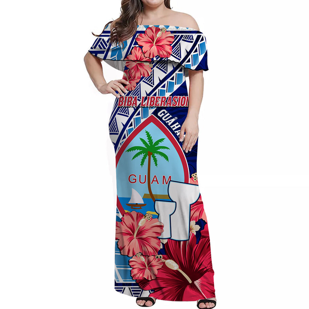 Guam Chamorro Off Shoulder Long Dress Happy Liberation Day Latte Stone LT13 Women Blue - Polynesian Pride