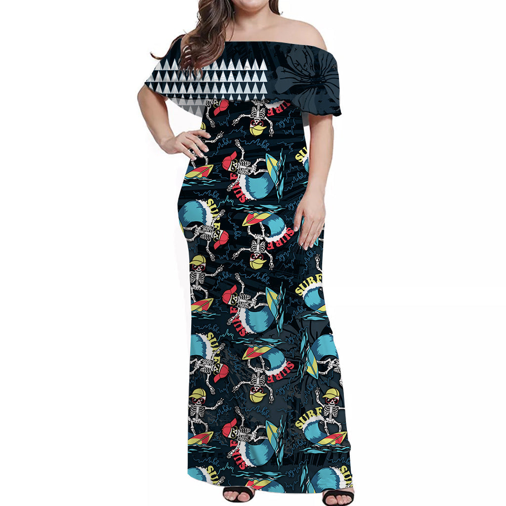 Hawaii Skeleton Surf Off Shoulder Long Dress Halloween Hawaiian Tribal LT13 Women Black - Polynesian Pride