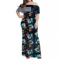 Hawaii Skeleton Surf Off Shoulder Long Dress Halloween Hawaiian Tribal LT13 Women Black - Polynesian Pride